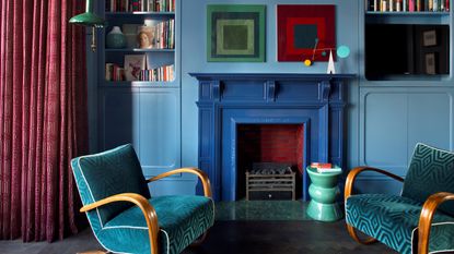 a chimney at the heart of a colorful blue scheme