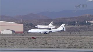 Endeavour Taxis atop Shuttle Carrier Aircraft