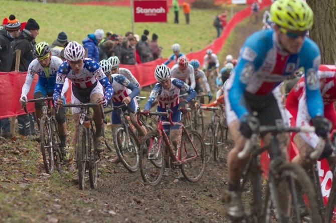 Andrew Dillman (#29) Curtis White (#28) and Torbin Ortenblad (#32) fight through traffic at the Namur World Cup