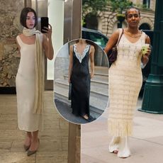 a collage of influencer and street style outfit images featuring the major dress trends of fall 2026