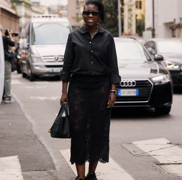 nikki ogunnaike wearing a black outfit 