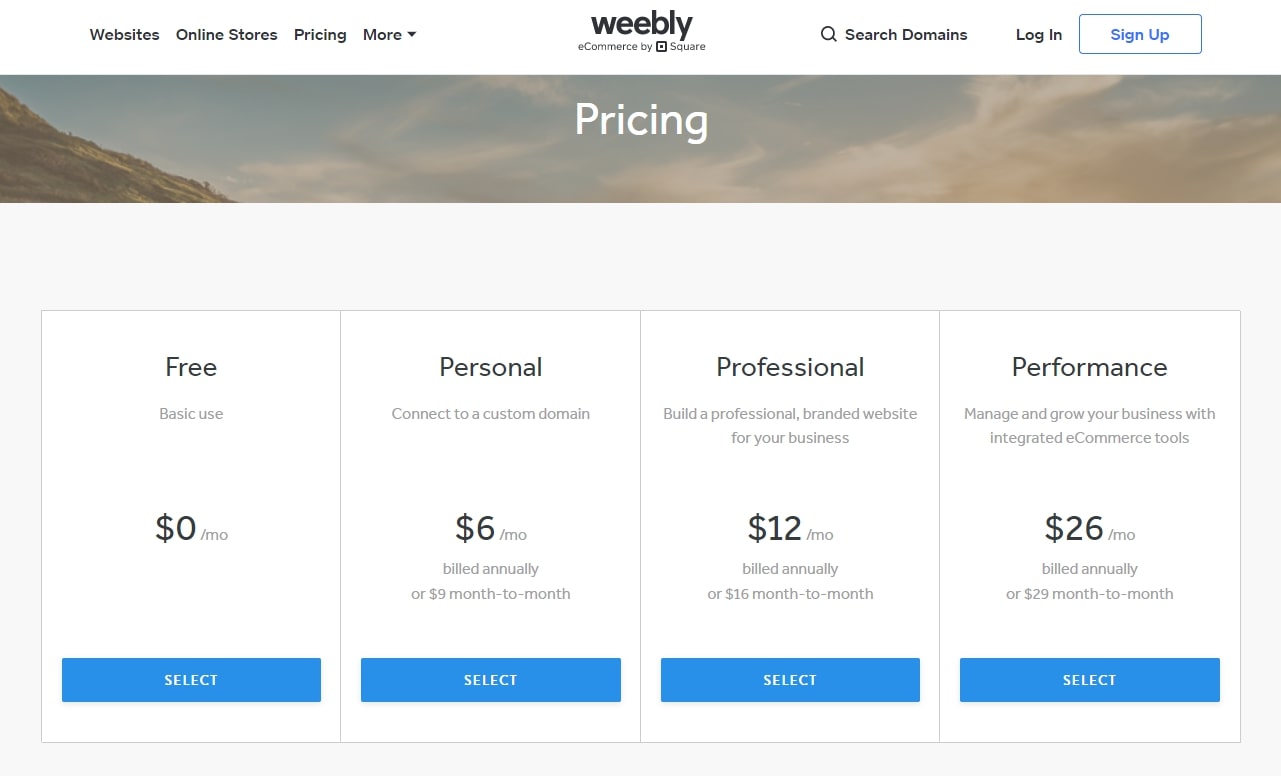 Weebly's pricing plans.