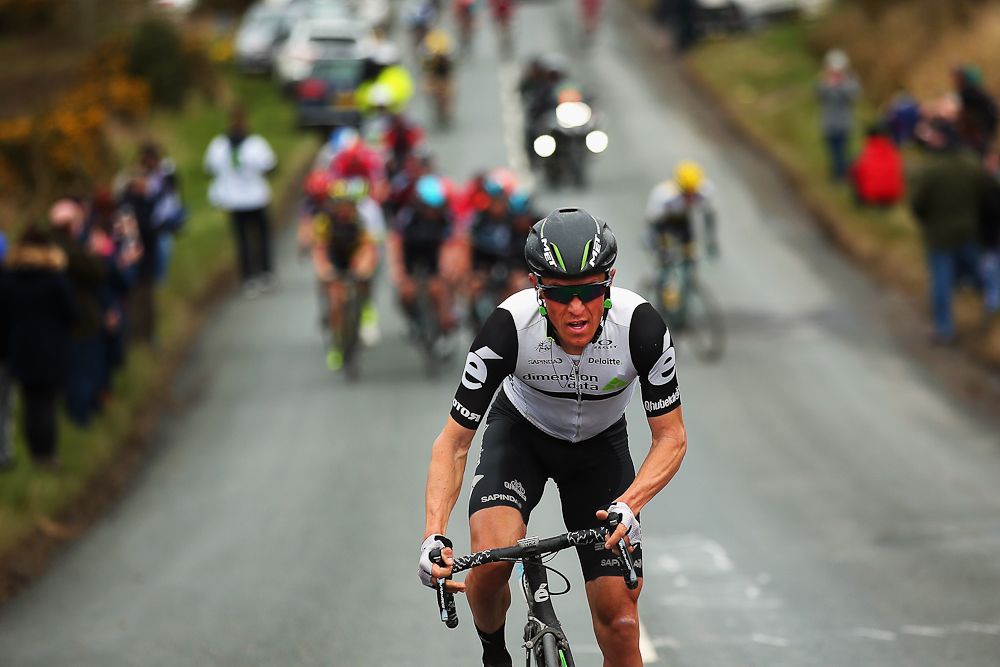 Serge Pauwels of Belgium and Team Dimension Data leads the climb out of Robin Hood's Bay on stage three of the 2016 Tour de Yorkshire