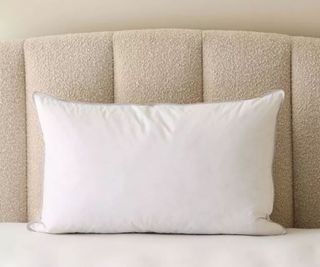 A pillow sat on a bed with a shell backboard