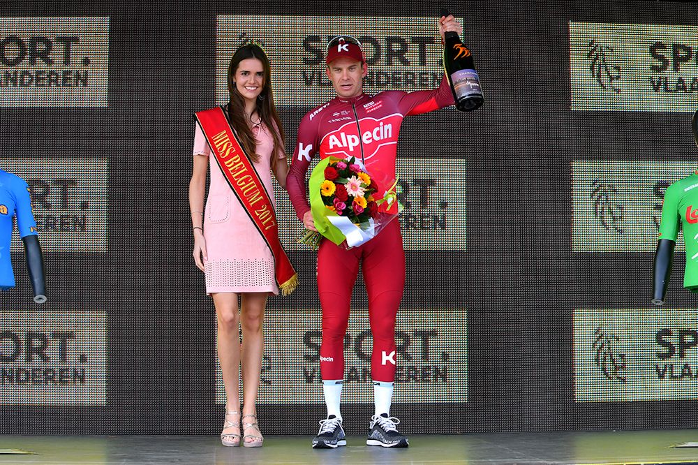 Alexander Kristoff on the podium after winning stage 2 at Three Days of De Panne