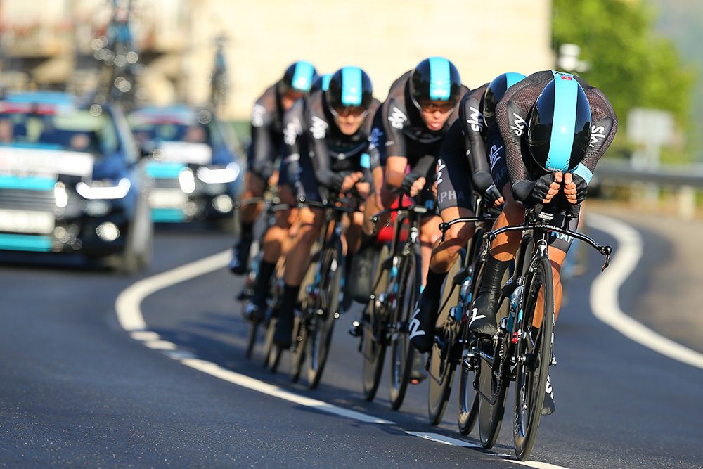 Team Sky on the way to winning the Vuelta's opening stage.