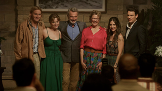 Joy (Annette Bening), Stan (Sam Neill), Troy (Jake Lacy), Amy (Alison Brie), Logan (Conor Merrigan-Turner) and Brooke (Essie Randles) pose for a Delaney family portrait in Apples Never Fall