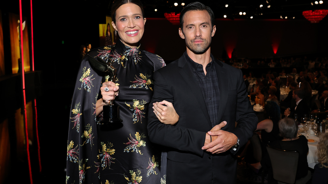 Mandy Moore and Milo Ventimiglia pose backstage during The 2nd Annual HCA TV Awards: Broadcast &amp; Cable at The Beverly Hilton on August 13, 2022 in Beverly Hills, California