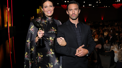 Mandy Moore and Milo Ventimiglia pose backstage during The 2nd Annual HCA TV Awards: Broadcast &amp; Cable at The Beverly Hilton on August 13, 2022 in Beverly Hills, California