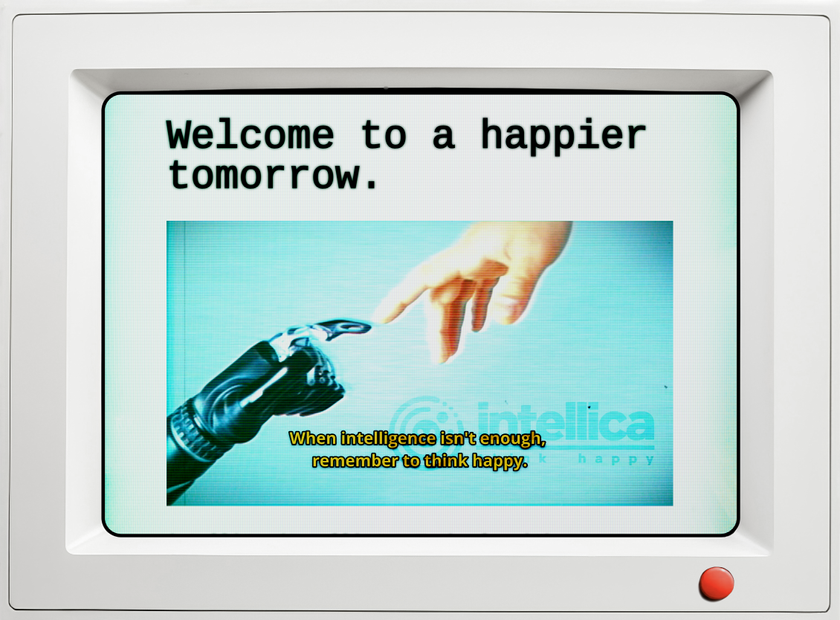 A screenshot of the game Qualia shows a robot hand and human hand touching pointer fingers.