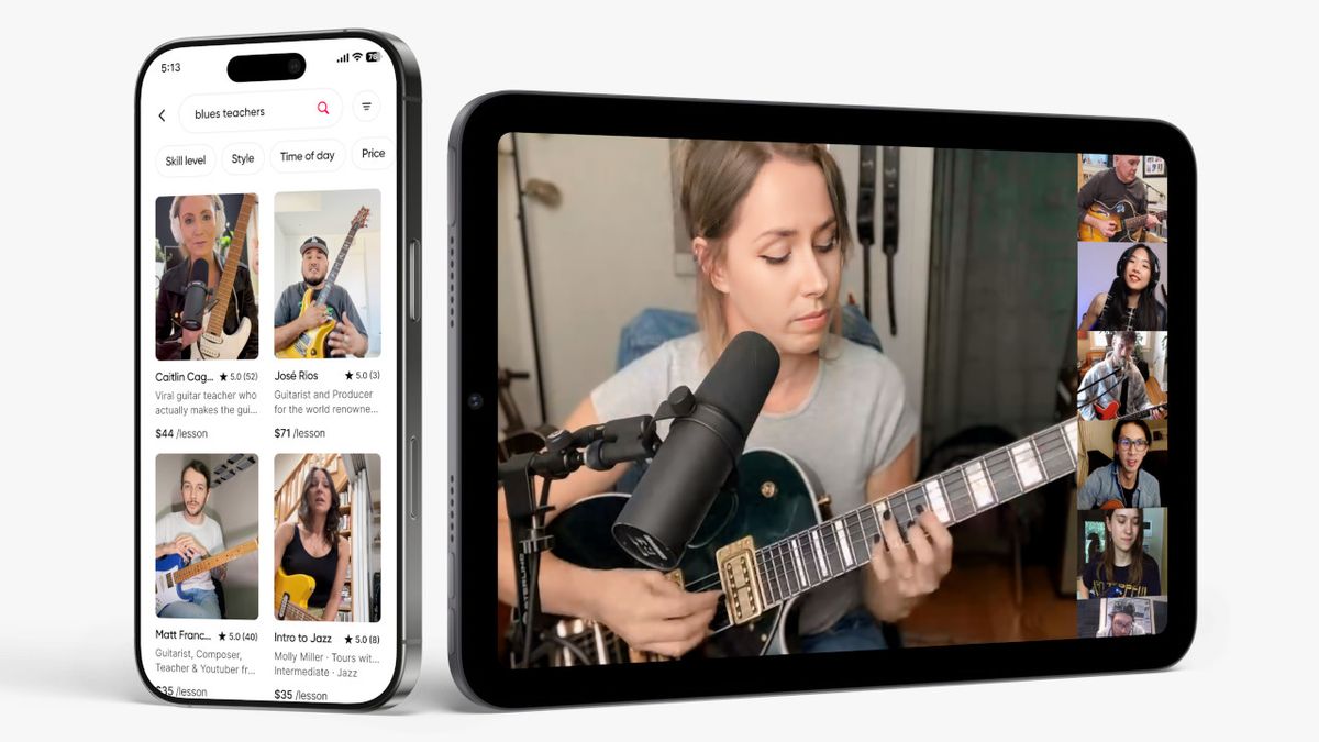 A photo showcasing online guitar lessons platform Til. The image shows a woman providing a guitar lesson on a tablet, with a secondary image showing the Til interface on a phone screen.