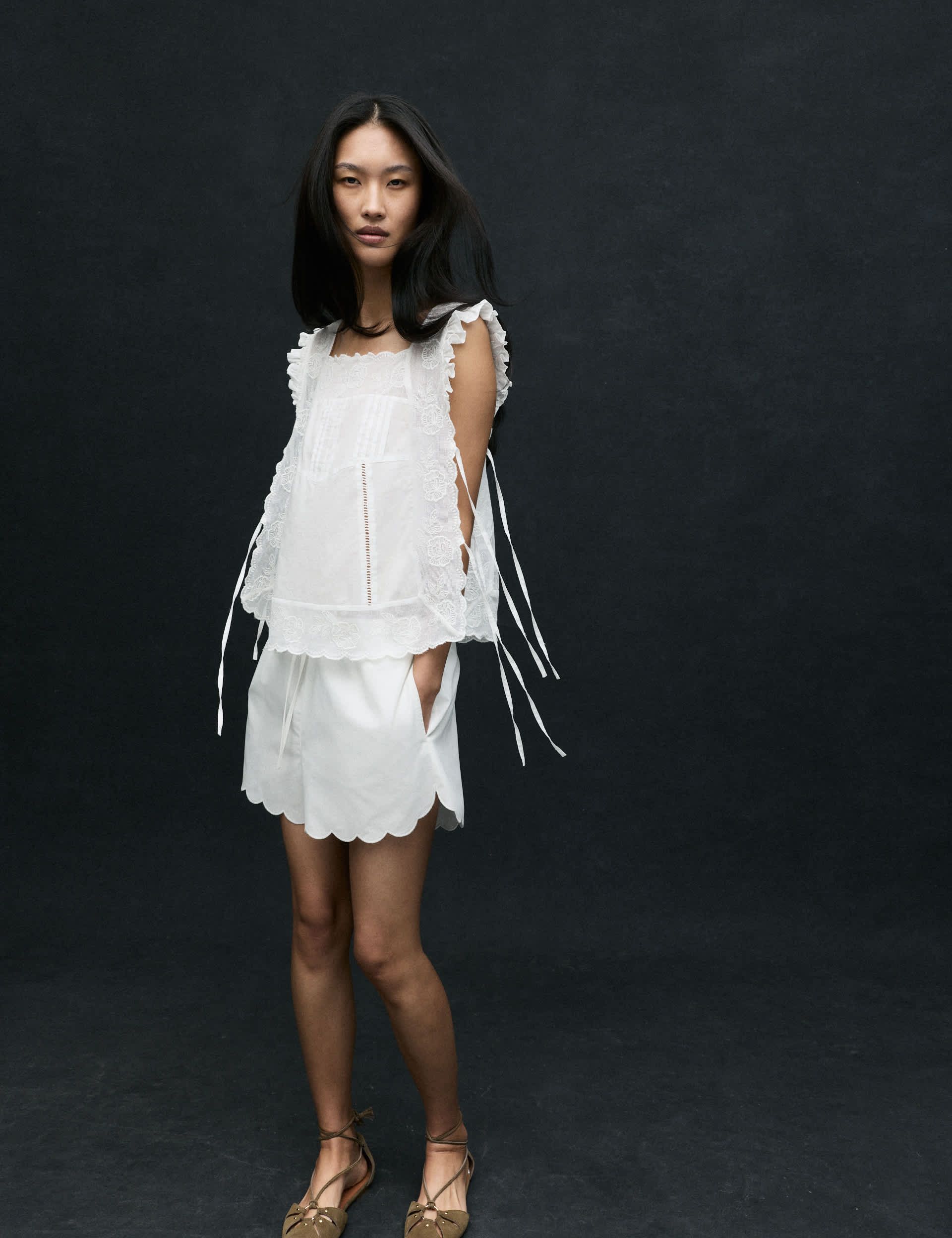 Pure Cotton Lace Bib Detail Embroidered Top
