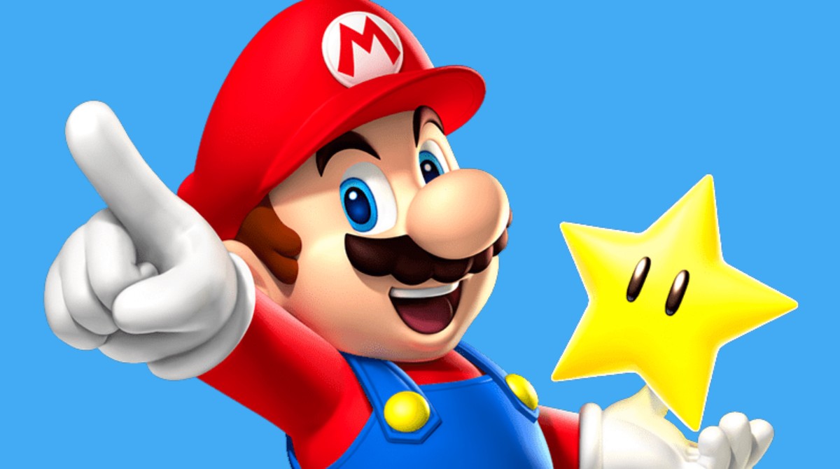 Mario brandishes a star and points.