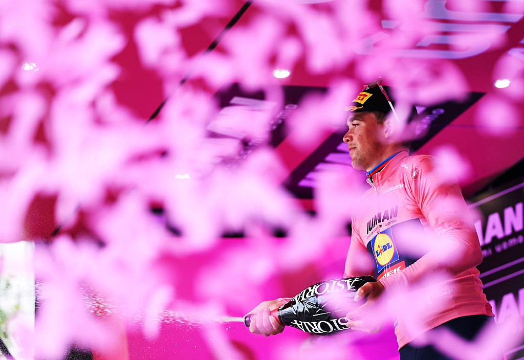 VLORE ALBANIA MAY 11 Mads Pedersen of Denmark and Team Lidl Trek celebrates at podium as Pink Leader Jersey winner during the 108th Giro dItalia 2025 Stage 3 a 160km stage from Vlore to Vlore UCIWT on May 11 2025 in Vlore Albania Photo by Dario BelingheriGetty Images