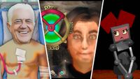 three-way split image: Jacked smiling man on left, Oblivion-style NPC in middle, lady robot on the right