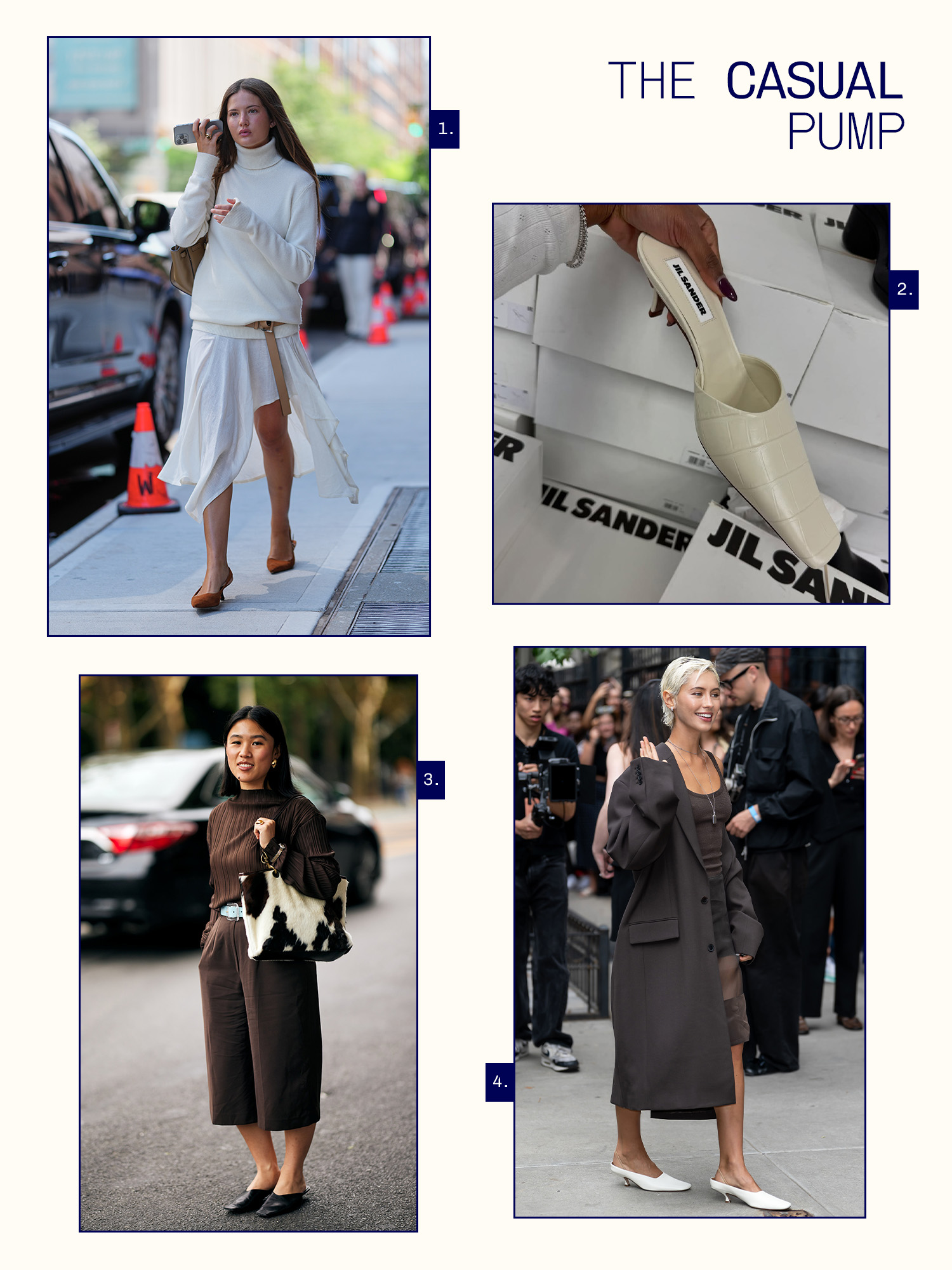 NYFW guest in a white turtleneck and a skirt with suede low heels. White Jil Sander pumps. Woman in brown turtleneck and brown culottes with black pumps. Iris Law at NYFW in an oversize suit coat and white mules.
