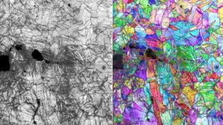 Microscopy images showing the path of a fracture and crystal structure deformation in a cobalt, chromium and nickel alloy during stress testing at -424 degrees F.