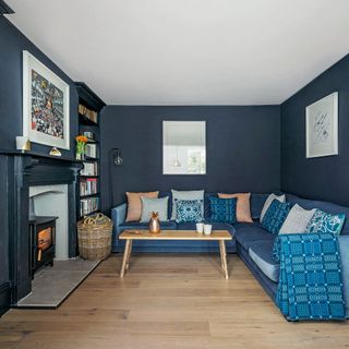 living room with sofa cushion and book shelve