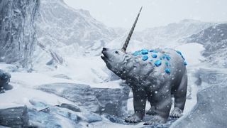 Unicorn Polar Bear roaring amidst snowstorm in Island of Winds.