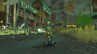 WoW Cataclysm goblin classes - a goblin is standing in front of some buildings in Kezan