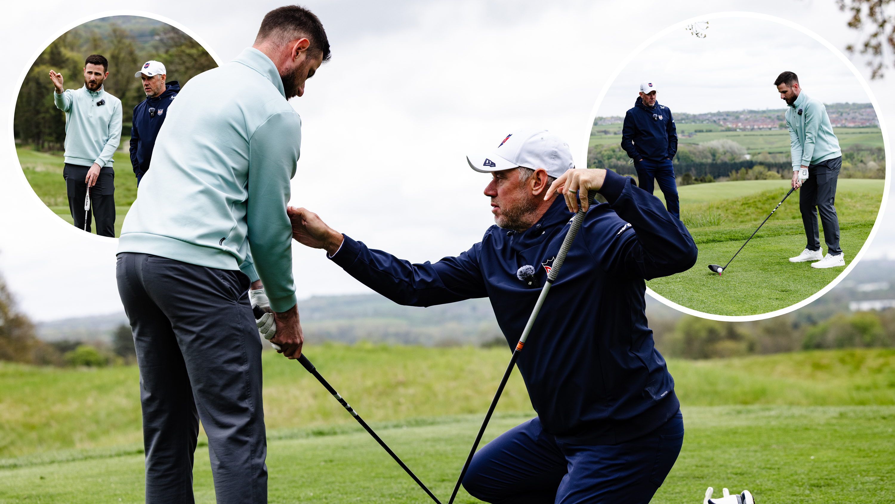 Lee Westwood giving a golf lesson to high-handicapper Baz Plummer at Close House, with inset images of tips occurring on the tee box and green