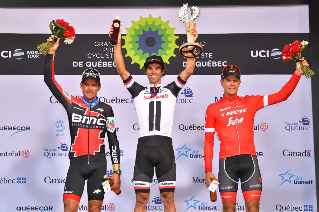 Greg van Avermaet, Michael Matthews and Jasper Stuyven on the podium in Quebec