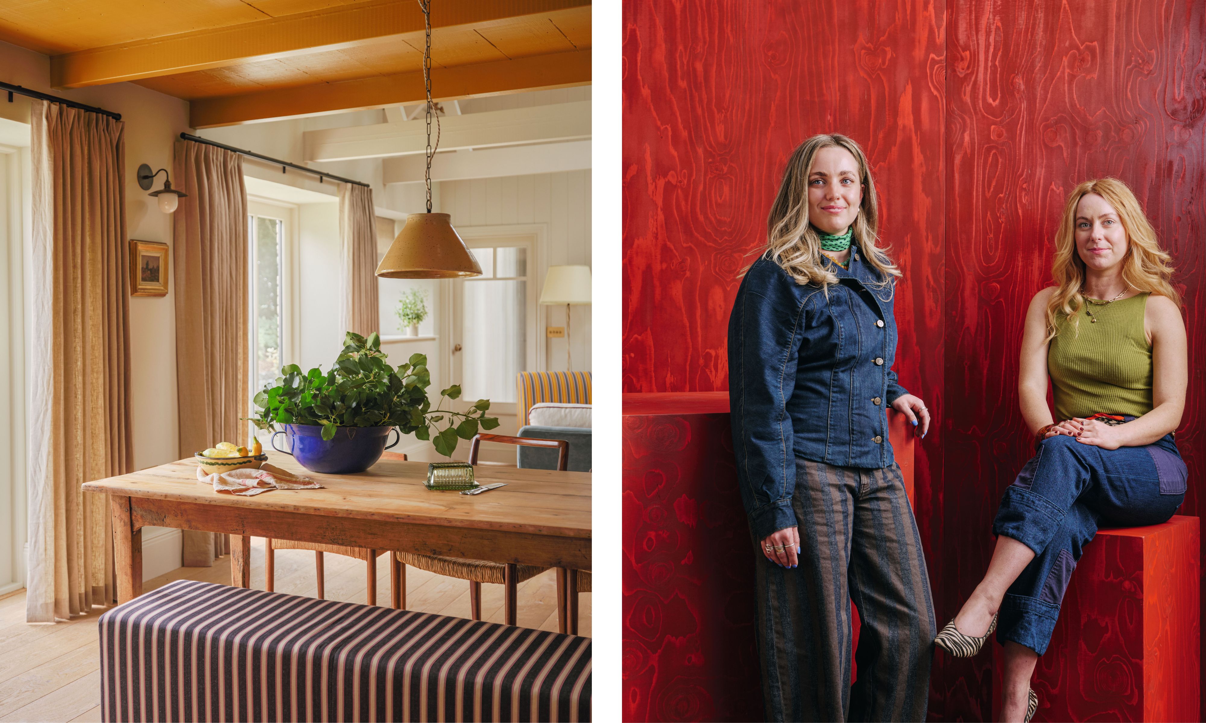 A diptych photograph, with the left side showing an eclectic dining room featuring a wooden table, bench with a striped cushion, a blue ceramic pot of greenery, and a mustard-yellow ceiling, while the right side is a portrait of the designers, Frankie Pritchard and Indie Robinson, posing against a vibrantly painted red wood-paneled wall and block.