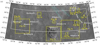 A "terrane camera" morning map of the moon's Rümker region. The white box denotes the Chang’e 5 landing region. The yellow boxes represent other locations noted in the research paper. The yellow, blue and green dashed lines denote the ejecta from Harpalus, Pythagoras and Copernicus craters, respectively. 