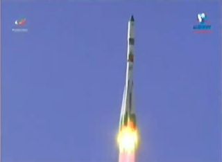 A Russian Soyuz rocket carrying the uncrewed Progress 72 cargo ship launches toward the International Space Station on April 4, 2019 from Baikonur Cosmodrome in Kazakhstan.