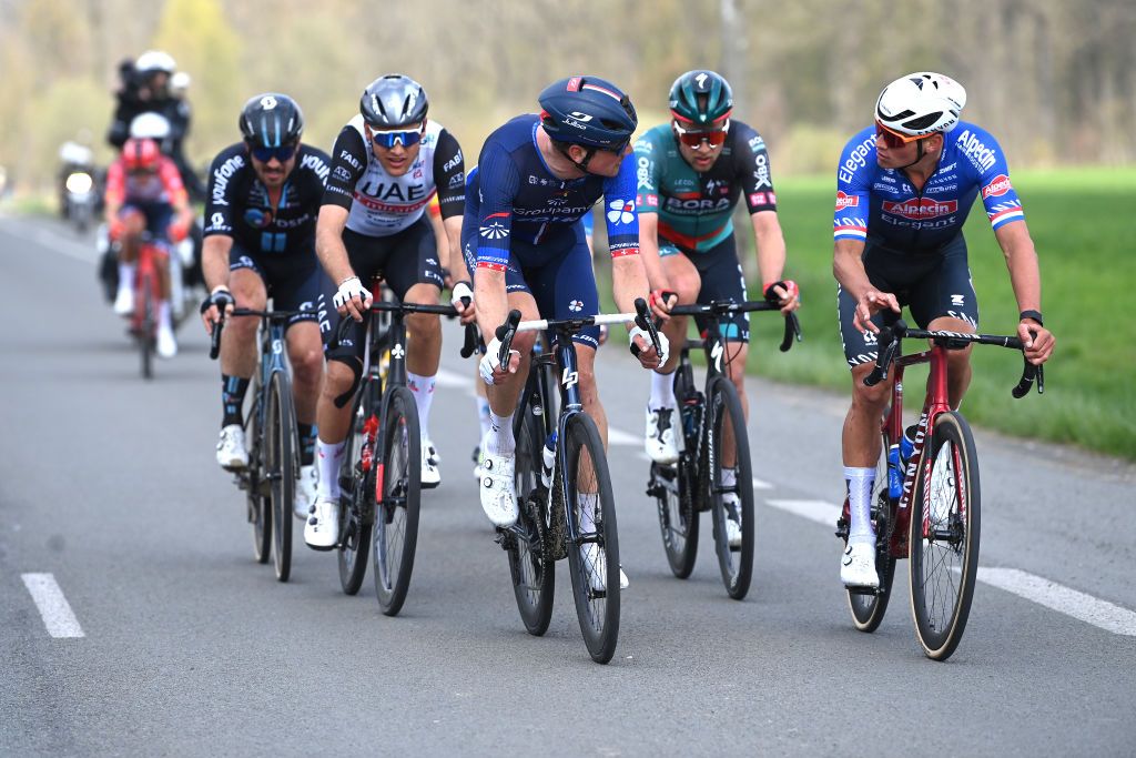 ROUBAIX FRANCE APRIL 09 LR John Degenkolb of Germany and Team DSM Sjoerd Bax of The Netherlands and UAE Team Emirates Stefan Kng of Switzerland and Team Groupama FDJ Jonas Koch of Germany and Team BORA hansgrohe and Mathieu van der Poel of The Netherlands and Team AlpecinDeceuninck compete in the breakaway during the 120th ParisRoubaix 2023 Mens Elite a 2566km one day race from Compigne to Roubaix on UCIWT April 09 2023 in Roubaix France Photo by Tim de WaeleGetty Images