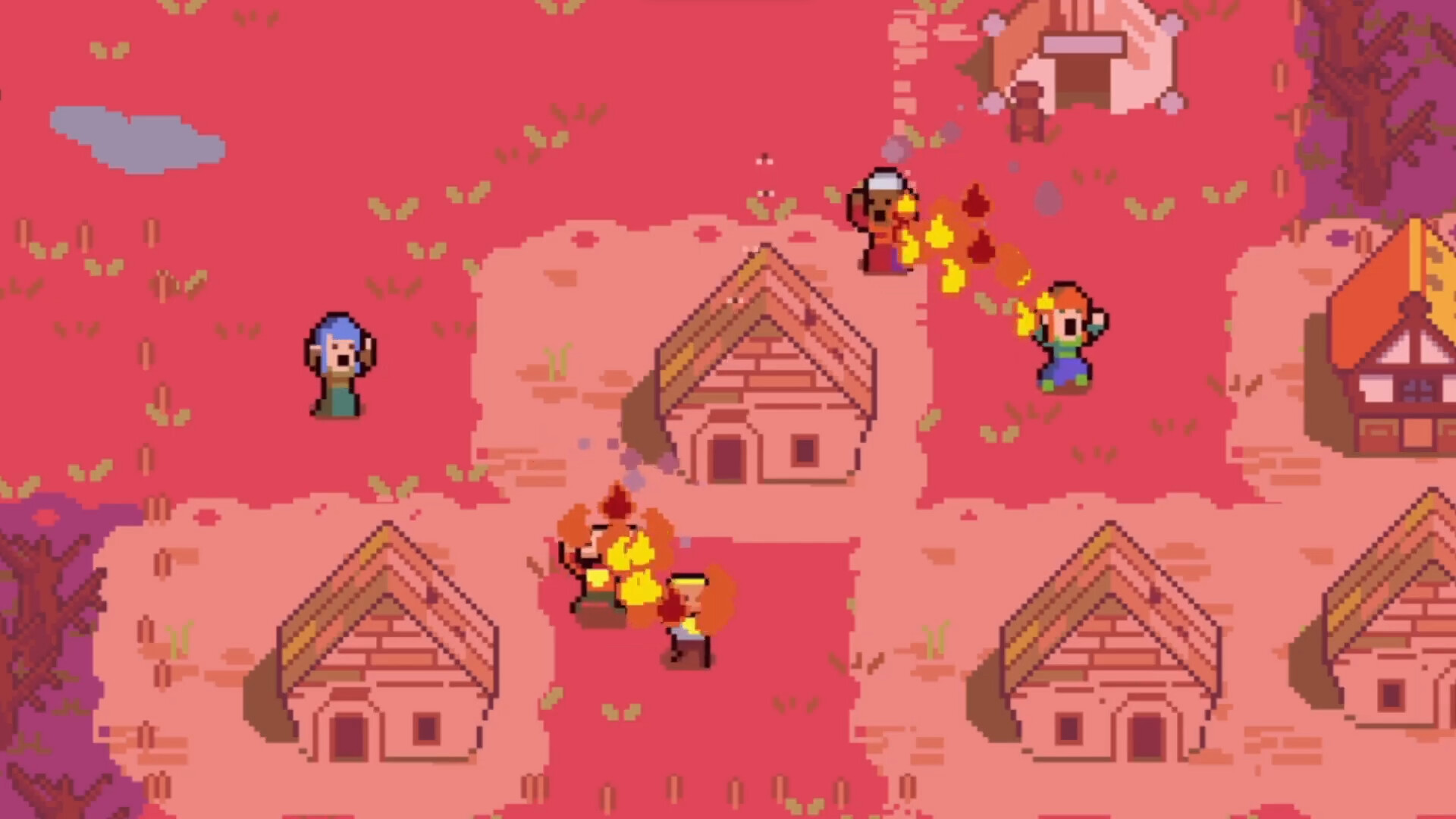 In a screenshot from Dotage, pixelated people run through a burning village