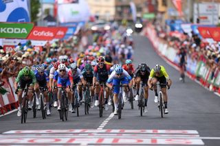 Sam Bennett spritns at the Vuelta Espana stage 7 finish in 2022