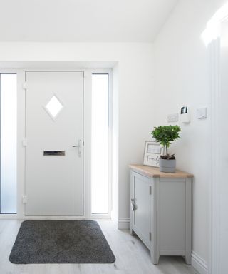 A neutral hallway with a white door and side table with a pot plant