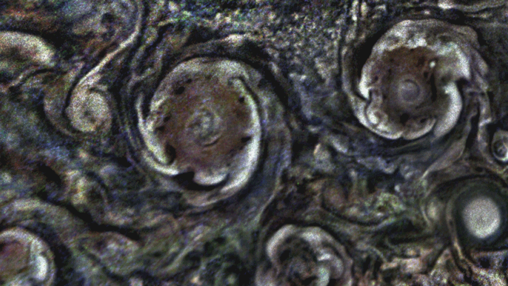 The clouds around some of Jupiter's polar cyclones rotate counterclockwise, while their cores rotate clockwise. The images used for this animation were captured by NASA's Juno spacecraft from altitudes of about 18,000 miles (28,567 kilometers) above Jupiter's cloud tops. Citizen scientist Gerald Eichstädt processed the images to enhance the color and contrast.