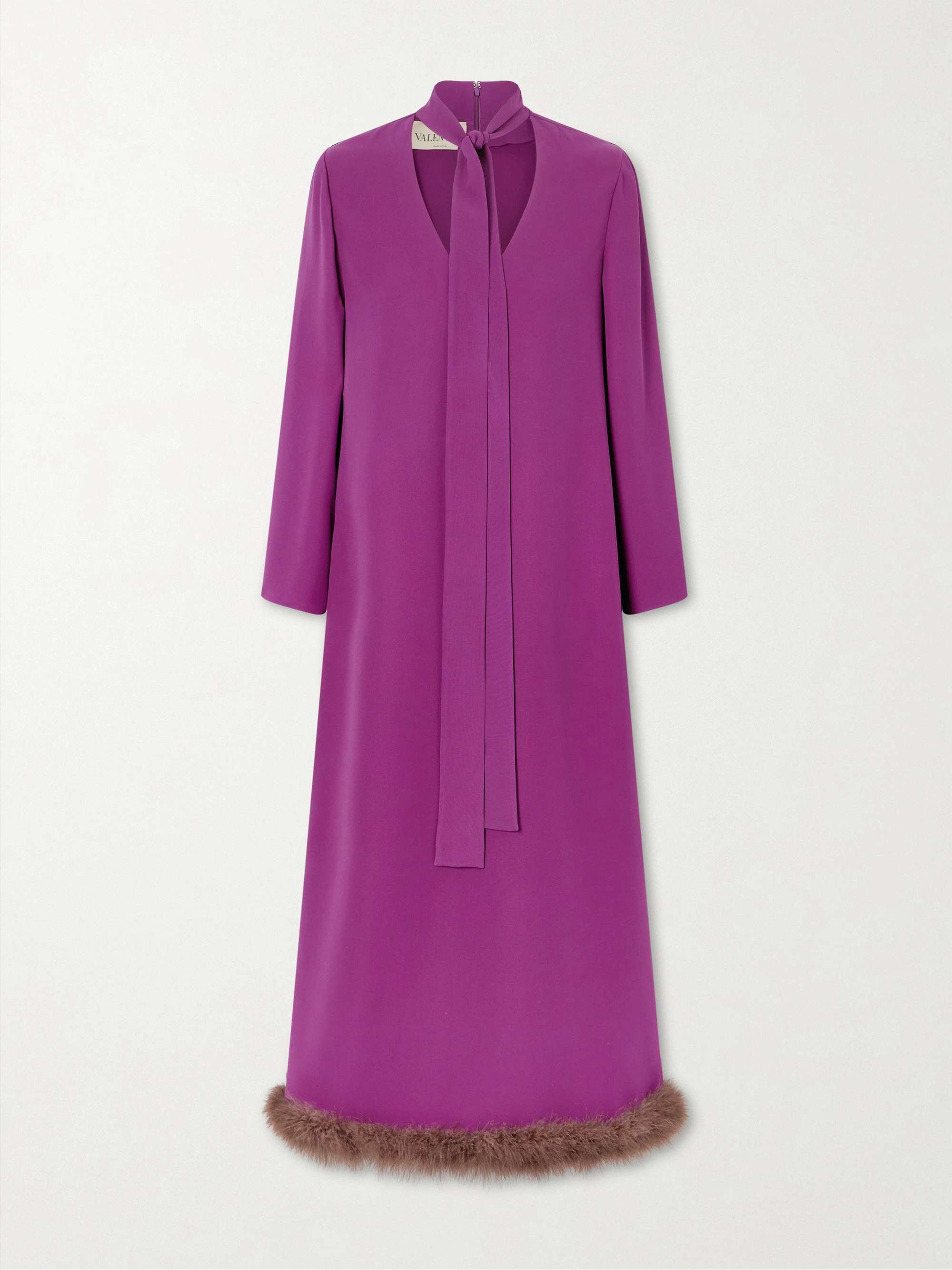 Tie-Detailed Feather-Trimmed Cady Midi Dress