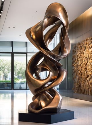 A shiny metal sculpture in a large modern living room