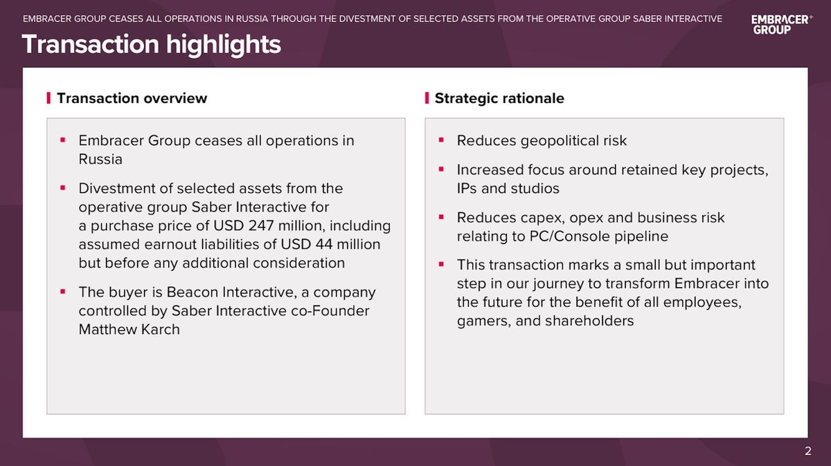 Embracer Group sells Saber Interactive, ceases operations in Russia - presentation slide