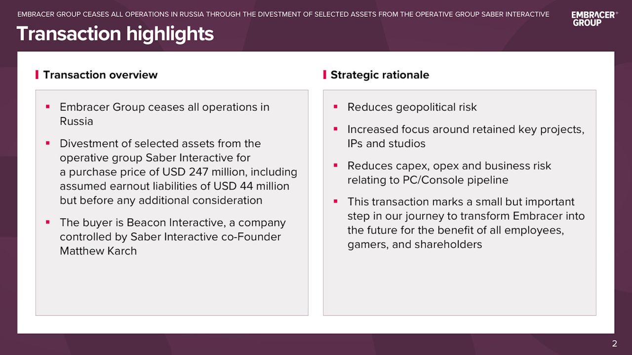 Embracer Group sells Saber Interactive, ceases operations in Russia - presentation slide