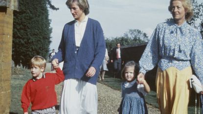 Diana, Princess of Wales (1961 - 1997) with her son Prince Harry and her mother Frances Shand Kydd at St Mary's Church in Great Brington, Northamptonshire, for a family wedding rehearsal, September 1989. Her brother Viscount Althorp is marrying Victoria Lockwood on the 16th September.
