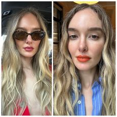 Hannah Baxter wears a pinky-red lip color with sunglasses and a red dress (left). Hannah Baxter wears an orange-red lipstick color and a blue striped shirt (right).
