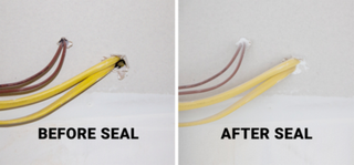 The image shows a before and after using AeroBarrier of a wiring hole showing after that the hole was sealed more