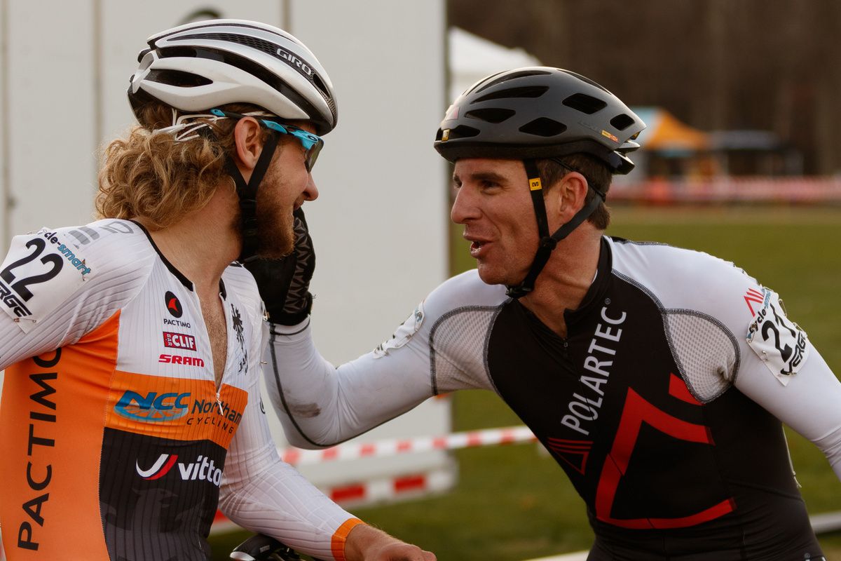 McNicholas, after the sprint in which he claimed second, congratulates Smith on a great race