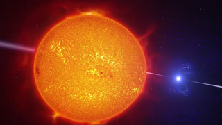 An illustration of a low-mass star in a binary system with a whire dwarf stellar remnant