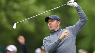Rory McIlroy reacts to his tee shot on the sixth hole during the third round of the 2022 PGA Championship