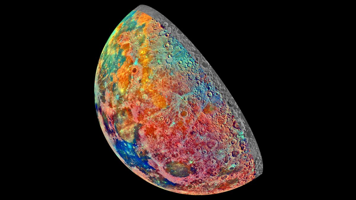 A colorful image of the waxing moon, taken by NASA&#039;s Galileo imaging system