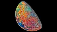 A colorful image of the waxing moon, taken by NASA's Galileo imaging system