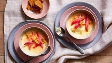 lemon possets topped with rhubarb served in ramekins