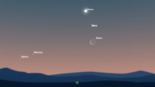 The moon, Venus and Mars as seen from New York City at 6:30 a.m. local time Sunday, Feb. 27.