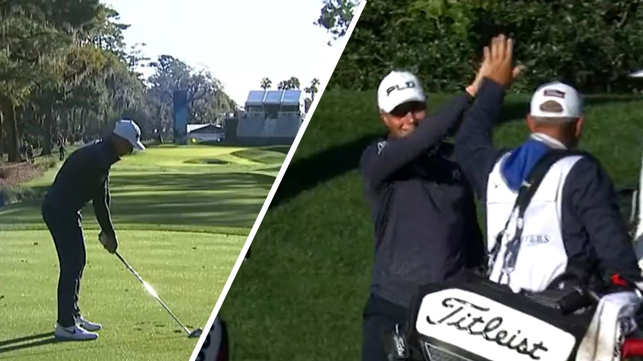 Viktor Hovland makes a hole-in-one at the 8th hole during the third round of The Players Championship