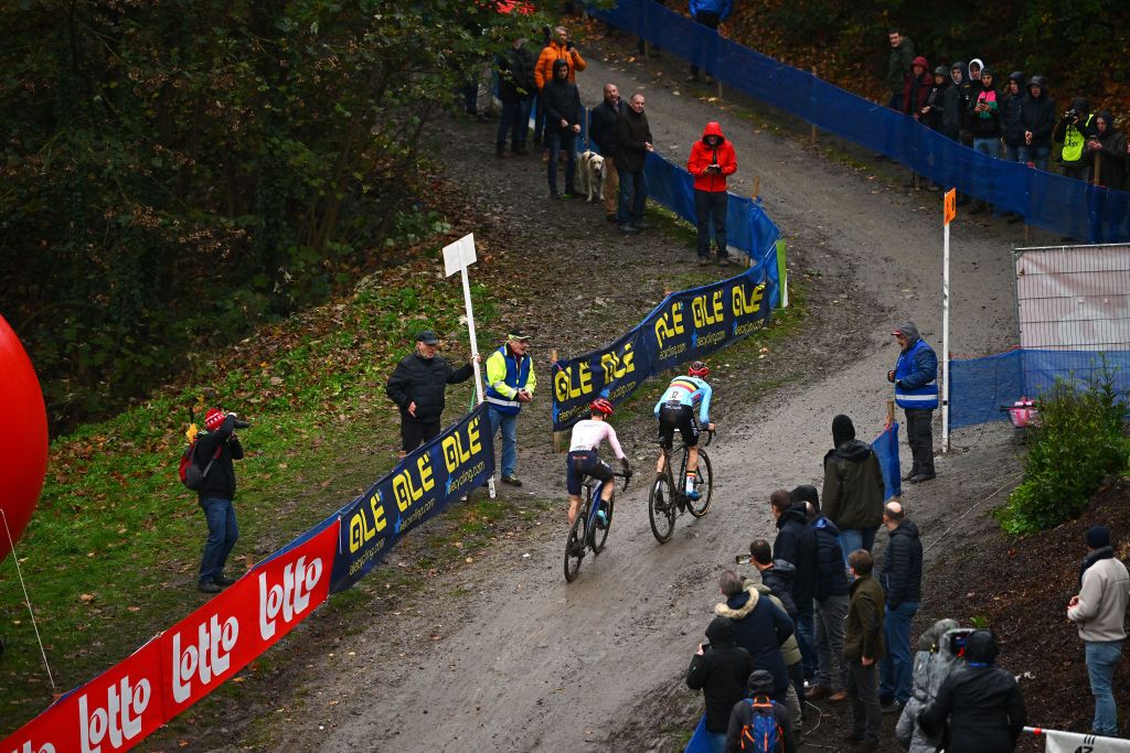 NAMUR BELGIUM NOVEMBER 06 Lars Van Der Haar of The Netherlands and Michael Vanthourenhout of Belgium compete in the breakaway during the 20th UEC European Cyclocross Championships 2022 Mens Elite EuroCross22 on November 06 2022 in Namur Belgium Photo by Luc ClaessenGetty Images